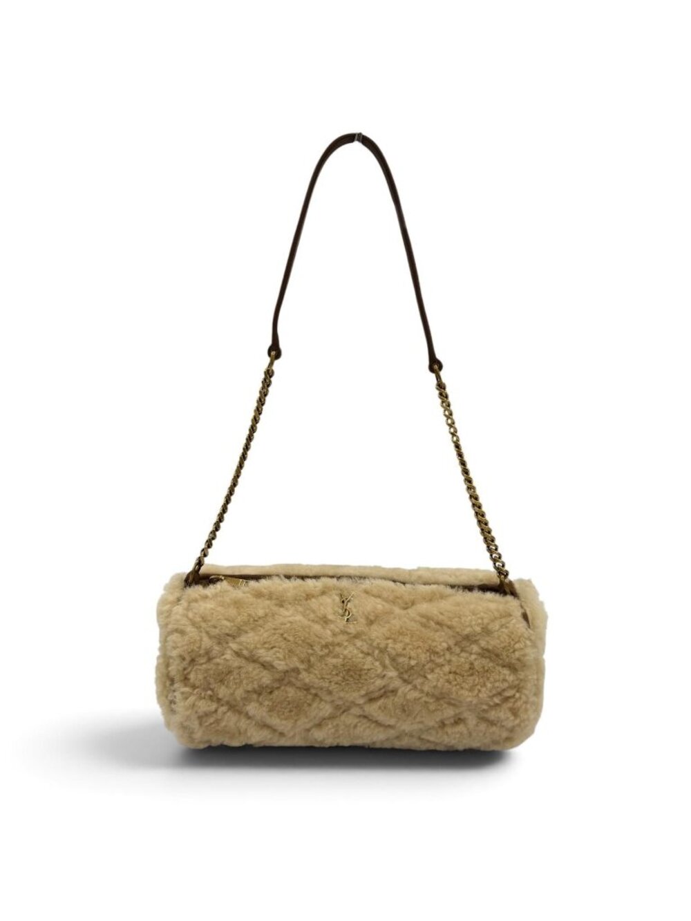 Saint Laurent Paris Sade Mini Tube Bag Shearling Chain Shoulder Handbag Beige